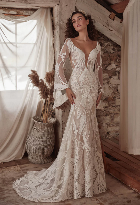 15995# Real Photos Boho Long Flare Sleeves Lace Wedding Dress For Women Backless V-Neck Bridal Gown