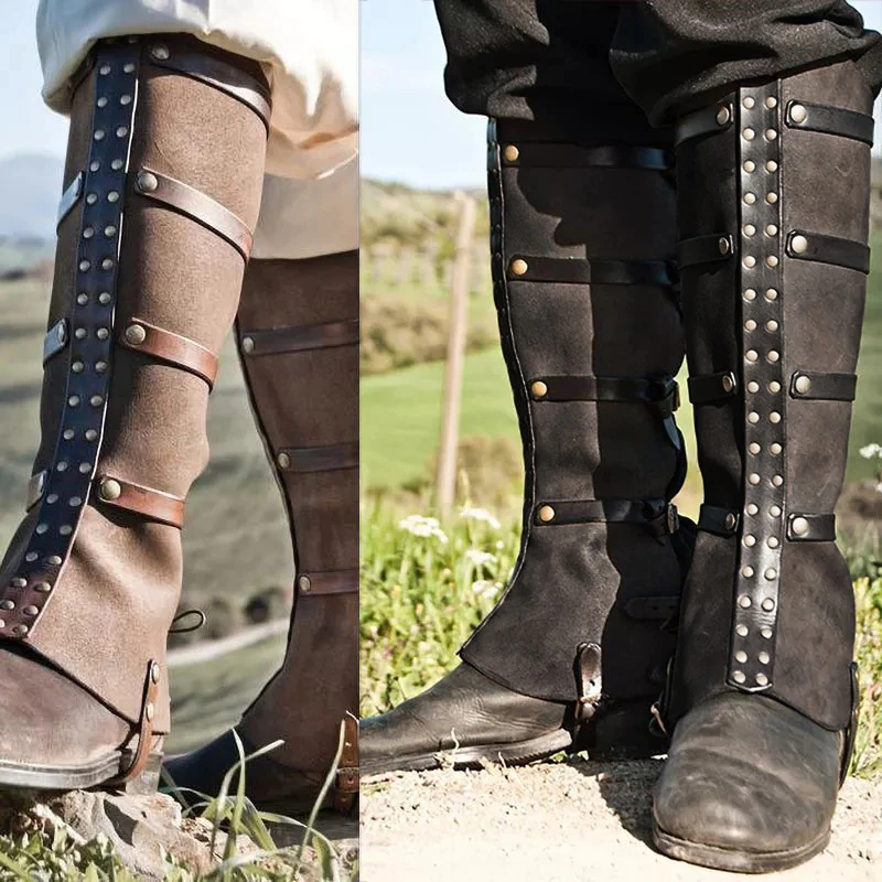 Armure de jambe réglable en Faux cuir Steampunk médiéval Viking Knight, couvre-chaussures de moto pour hommes et femmes, Larp Cosplay