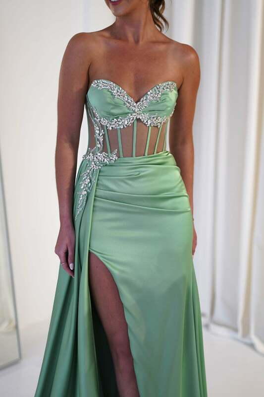Sparking Sequins Satin Prom Dress With Split Long Sweetheart Formal Evening Gown Open-Back Strapless Mermaid Gown Dresses