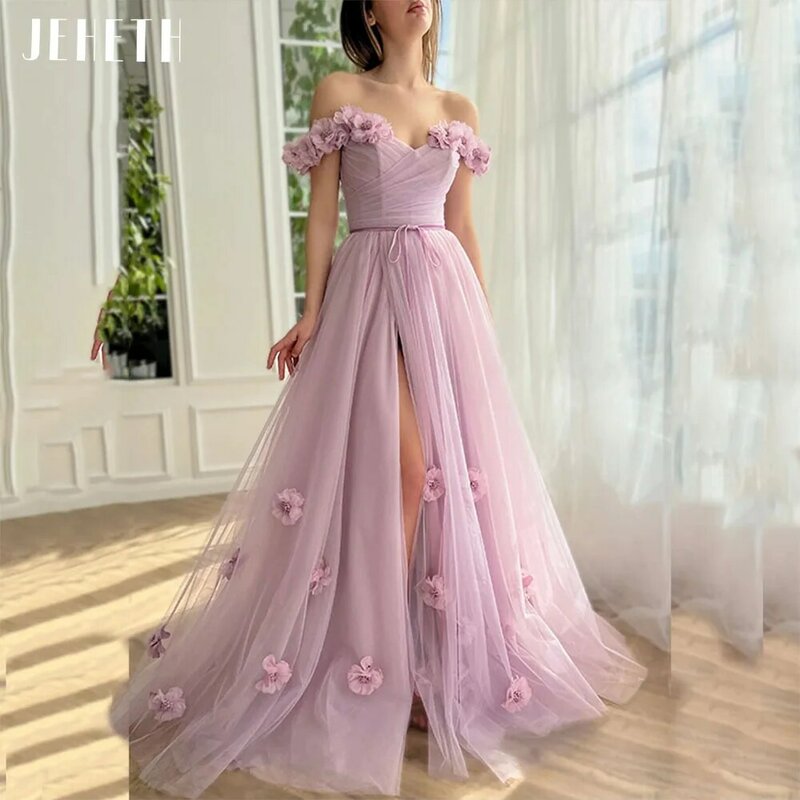 JEHETH Luxury 3D Flowers Pink Prom Party Dress Women Princess High Split Evening Gown Open Back Floor Length Robes De Soirée