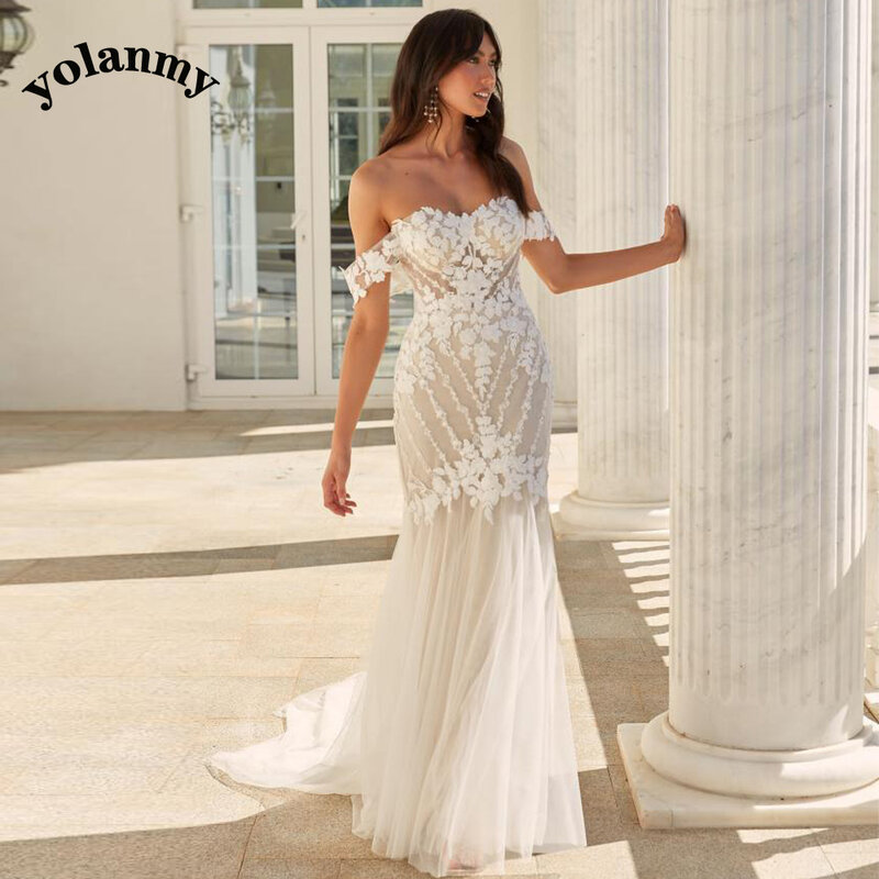 Yoranmy – robe De mariée élégante en trompette, épaules dénudées, avec des Appliques plissées, personnalisé, pour femmes