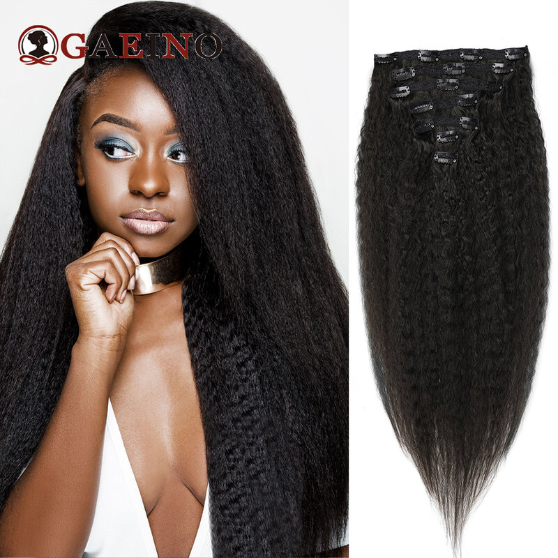 Kinky Straight Clips In Human Hair Extensions Natural Color In 100% Remy Human Hair 7Pcs/Set Full Head For Women 8-28Inch ﻿