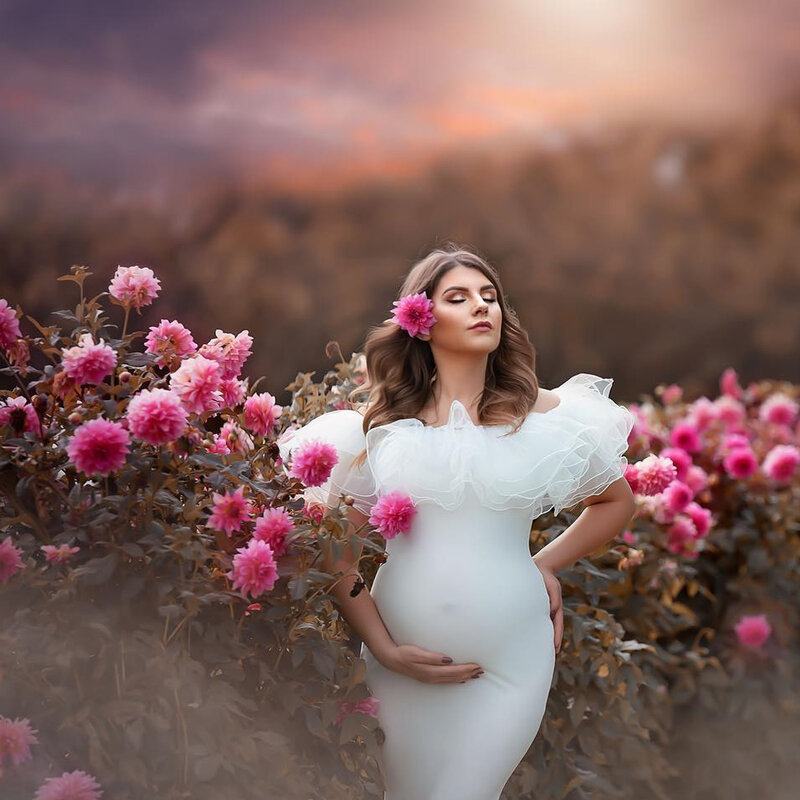 Fotografia ciążowa rekwizyty Baby Shower długie sukienki zdjęcie ciążowe Shoot sukienka wygodna elastyczna tkanina dla kobiet w ciąży