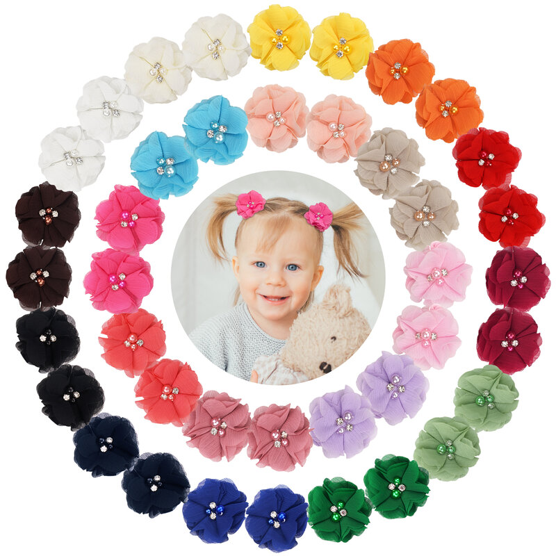 40PCS 2" Chiffon Flower Hair Bows Fully Lined Flower Tiny Hair Clips Fine Hair Girls for Infants Toddlers Set of 20 Pairs