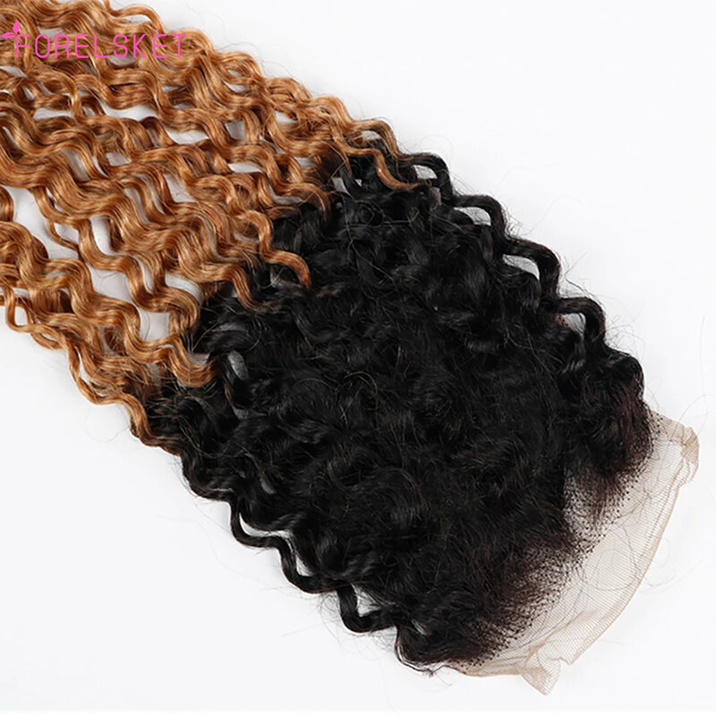 Bundel rambut keriting ikal Ombre Afro dengan penutupan 100% rambut manusia penutupan renda dengan bundel ekstensi rambut Remy jalinan rambut manusia
