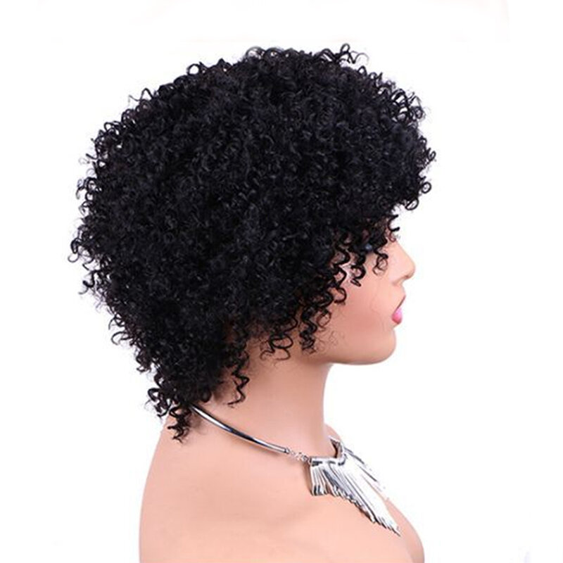 Pelucas de cabello humano brasileño Afro rizado con flequillo, corte Pixie corto, Bob, 150% de densidad, hechas a máquina para mujeres
