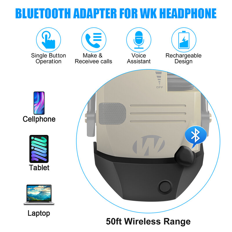 W1 Adaptador Bluetooth Design para Walker's Series, Electronic Shooting Earmuffs, Converter Fio para Wireless One