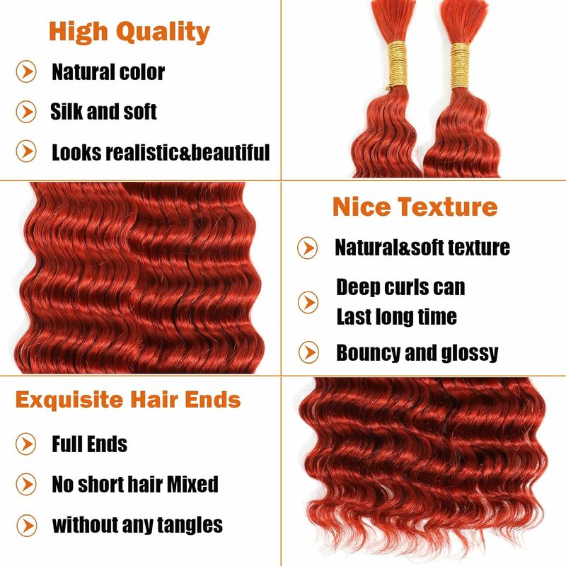 28inch 350# Ginger Orange Human Hair Bulk Deep Wave Human Hair for Braiding 100% Unprocessed No Weft Vingin Hair Bulk Extensions