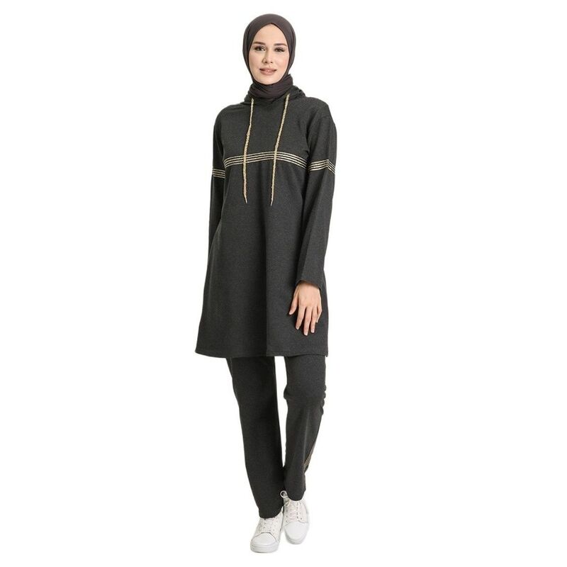 여성 트랙슈트 세트 후드 로프 디테일 안감 긴 소매 시즌 여름 여성 히잡 의류, 세련된 이슬람 패션