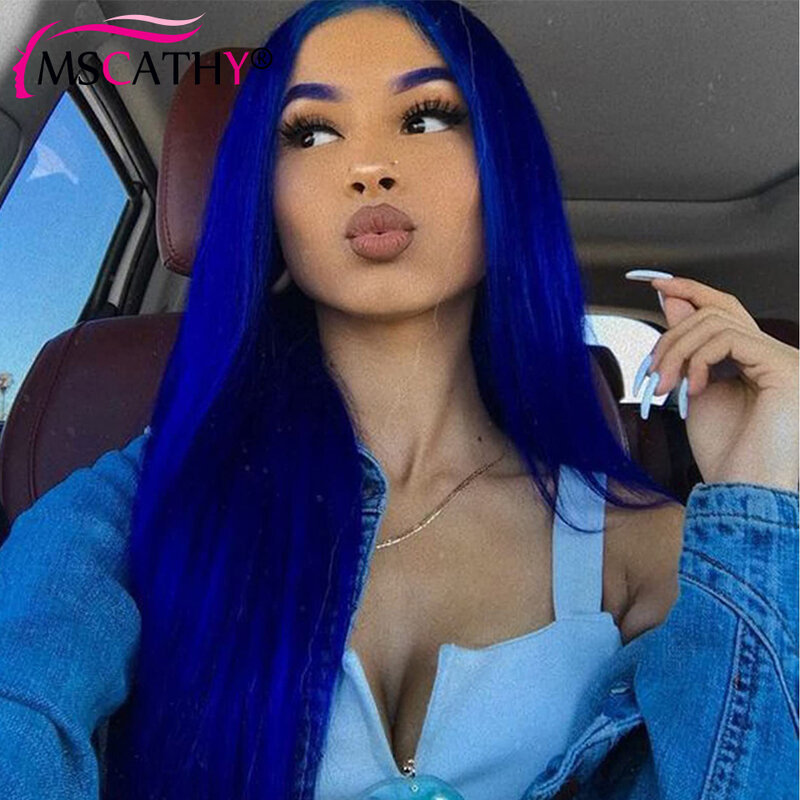 Wig renda Frontal 13x4 berwarna biru Wig renda transparan HD untuk wanita Wig rambut manusia Remy lurus panjang untuk wanita dengan kepadatan 180%