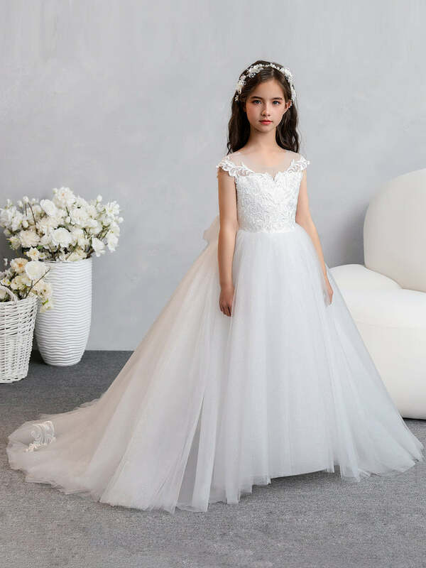 Girls White Floral Embroidery Bow Lace Front Gown Dress Princess Crew Neck Tulle Appliques Evening Dresses Kids Formal Wear
