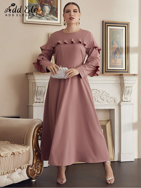 Add Elegant Plus Size 2022 Autumn Women's Dresses Butterfly Sleeve Ruffles O Neck Female Clothing Pink A-LINE Midi Dress B215