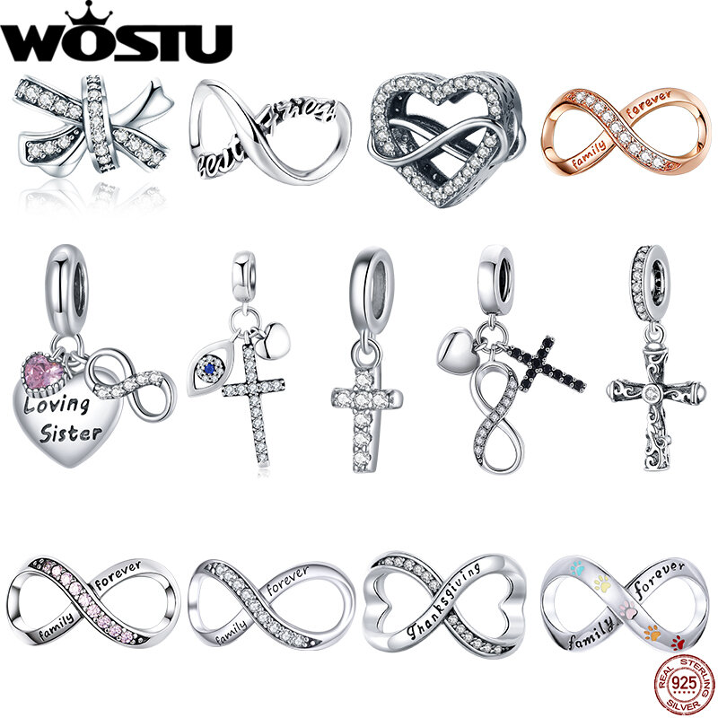 WOSTU  925 Sterling Silver Infinity Symbol Beads Forever Love Pendant DIY Charms Fit Original Bracelet Jewelry For Women Gifts