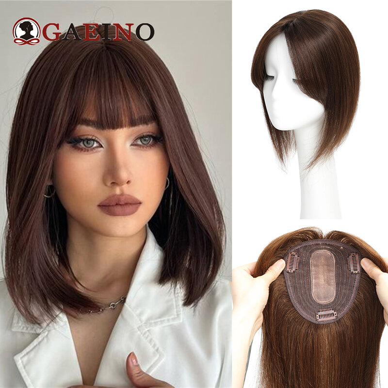 Remy Hair Topper Piece com Franja para Mulheres, 100% Real Hairpiece Humano, Clipe Base de Seda, 13x12cm, 10 ", 12", 14"