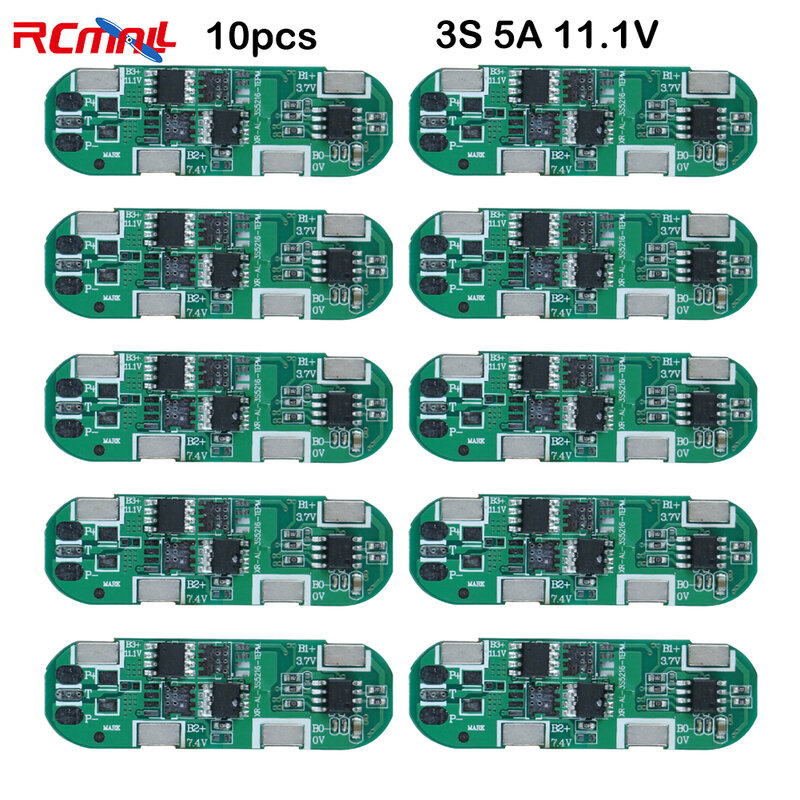 RCmall 10pcs 3S 5A 11.1V 2MOS Lithium Battery Protection Board for 18650/ 21700/ 14500