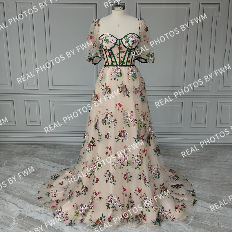 14755# Real Photos Romantic Puffy Sleeves Floral Embroidered Lace Wedding Dress For Women Photoshoot Side Slit Evening Prom Gown