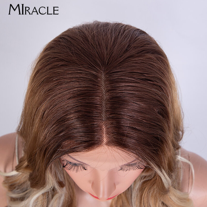 MIRACLE Wig renda sintetis 30 "untuk wanita, Wig Cosplay renda panjang bergelombang warna pirang merah biru jahe, Wig renda depan untuk wanita