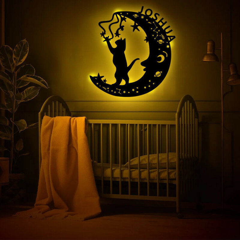 カスタム名の木製LEDウォールランプ,猫,星,月,ベッドルーム,ベッドルームの装飾用