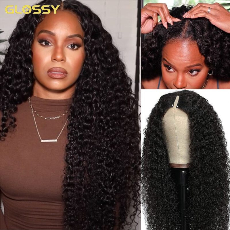 Curly V Part Wig Human Hair No Leave Out Glueless U Part Human Hair Wigs For Women 250% Brazilian Deep Wave Frontal Wig On Sale
