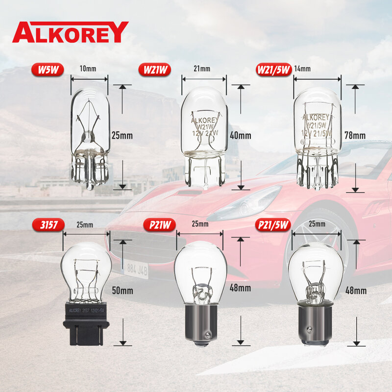 Alkorey-luz de sinalização do halogênio do carro, bulbo de parada reversa da lâmpada, S25, P21W, P21, 5W, BAY15D, BA15S, 1156, 1157, 12V, 21W, 5W, 12V, 21W, 5W, 10 PCes