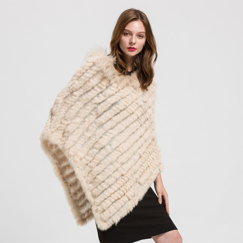 Genuine Rabbit Fur Poncho for Women, Knitted Shawl, Raccoon Fur Collar, Wedding Part Cape, Winter Fashion, S1729