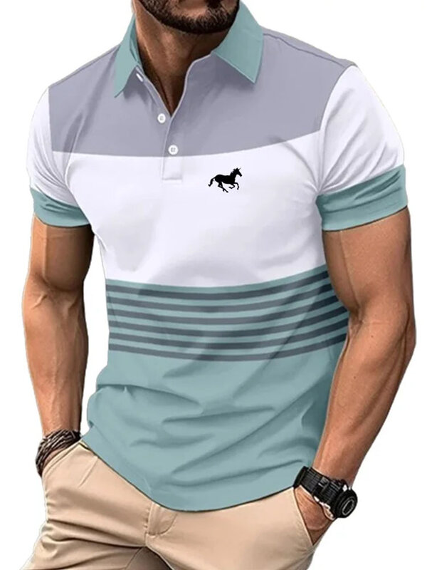 Camisa polo listrada de manga curta masculina, botão de lapela, roupa casual, moda verão