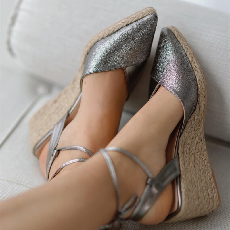 Platinum Wedge Shoes for Women 2023 Moda Sandálias Mulheres Correia no Tornozelo Bombas Apontou Toe Saltos para As Mulheres