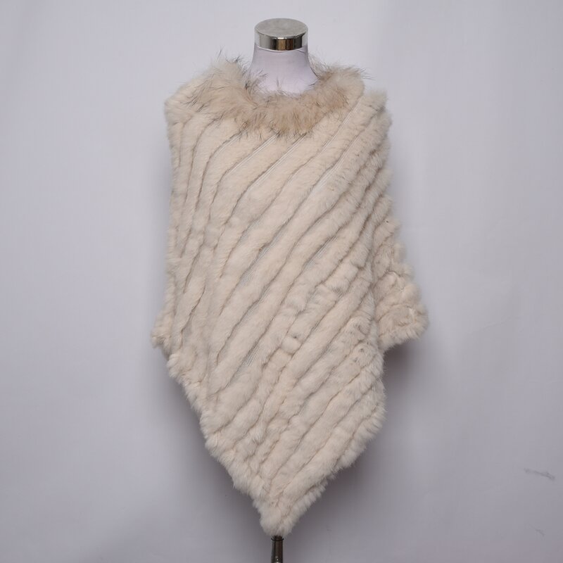 Poncho de piel de conejo genuino para mujer, chal de punto, Cuello de piel de mapache, capa de parte de boda, moda de invierno, S1729