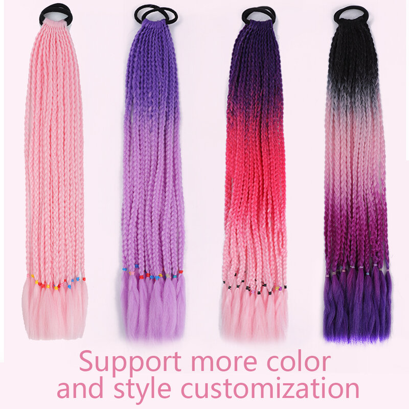 女の子のためのポニーテール付き人工毛ロープ,虹色の延長