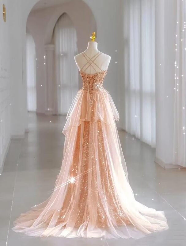 Świecący dekolt w szpic z cekinowym suknie balowe Spaghetti z rozcięciem suknia ślubna formalne suknie wieczorowe długi tiul trenowa suknia balowa 2024
