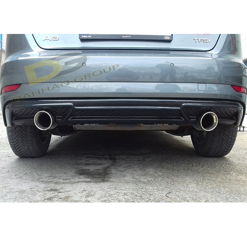 A3 8V Facelift 2017 - 2019 S3 Style Rear Diffuser Splitter Lip Left and Right Single Exhaust Outputs Piano Gloss Black Plastic