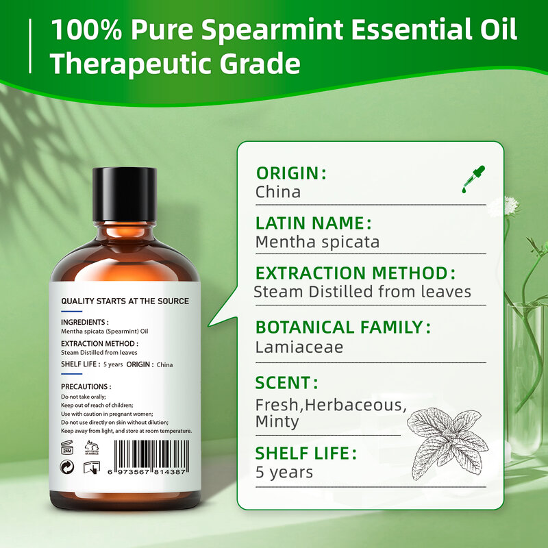 HIQILI Spearmint Vanilla Rose Cinnamon Lemon Essential Oils,100ML Pure Oil for Diffuser,  Humidifier, Massage Muscle Relief Bath