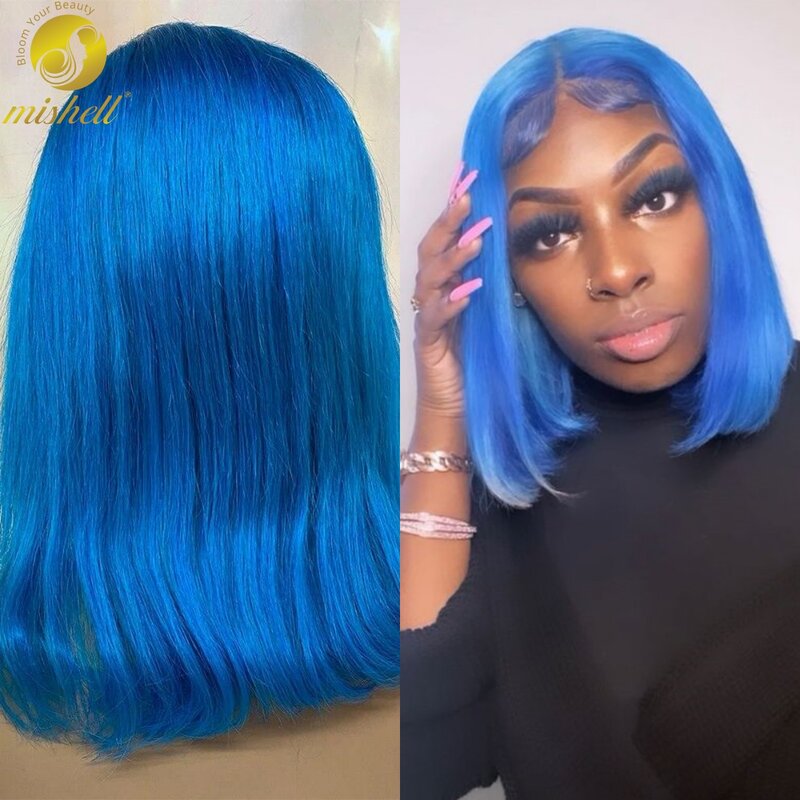 Ketebalan 180% wig rambut manusia Bob lurus biru 13x4 wig pendek renda transparan Frontal untuk wanita Brazilan prepked rambut Remy