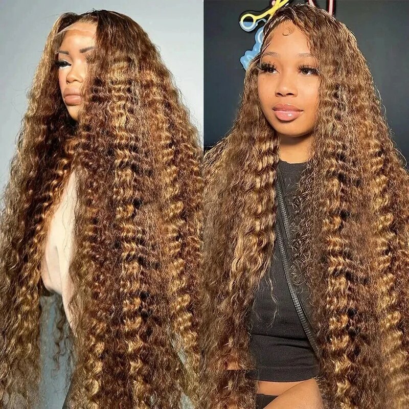 黒人女性のためのブラジルの波状レース額ウィッグ、カーリースイープ、人間の髪の毛、ディープウェーブ、13x4、13x6 hd、30 36インチ
