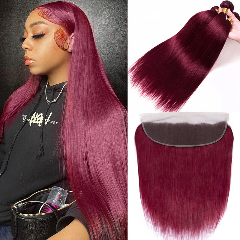 99j Straight Bundles With 13x4 Frontal Colorful Burgundy Straight Hair Bundles Human Hair Extensions with Lace Frontal for Women