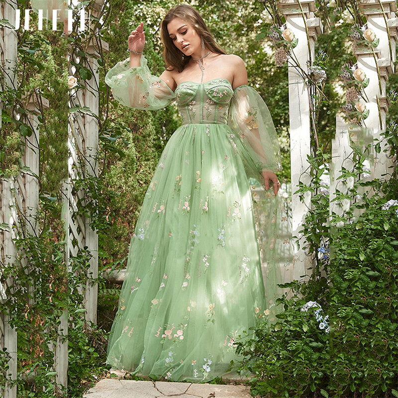 JEHETH Green Embroidery Prom Dress Fairy Strapless Puff Sleeves Evening Gown Backless Party Women Vestidos De Ocasión Formales