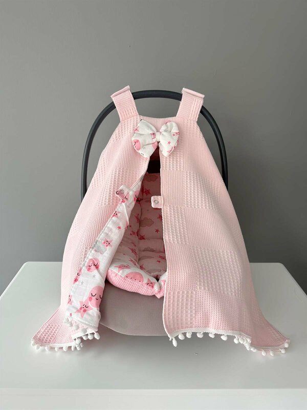 Handmade Pink Waffle Fabric Organic Stroller Cover and Cushion