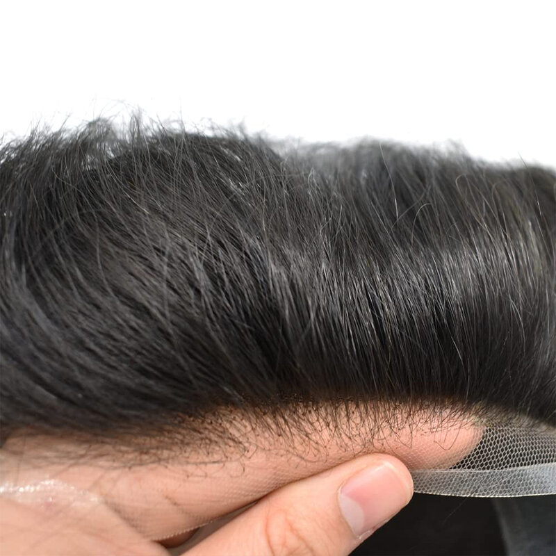 Парик мужской из натуральных волос, дышащий, на французской сетке, основная часть из искусственной кожи, 6 дюймов, сменный капиллярный протез