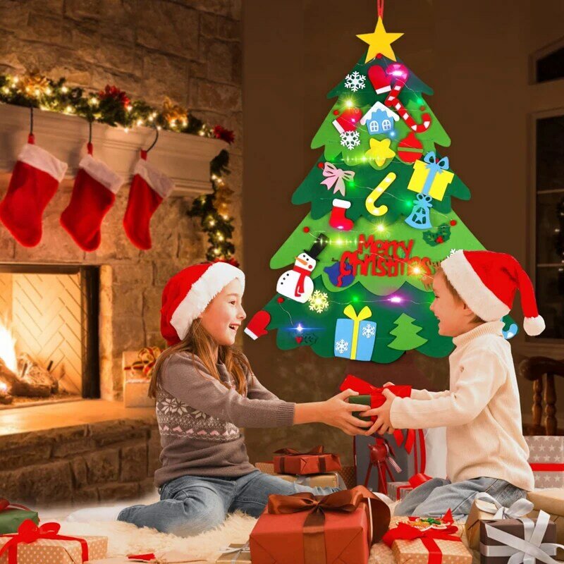 Arbre de Noël en Feutre avec Lumière pour Enfant, Bricolage, Jouets, Décoration, Ornements, Père Noël, Artisanat, Cadeaux