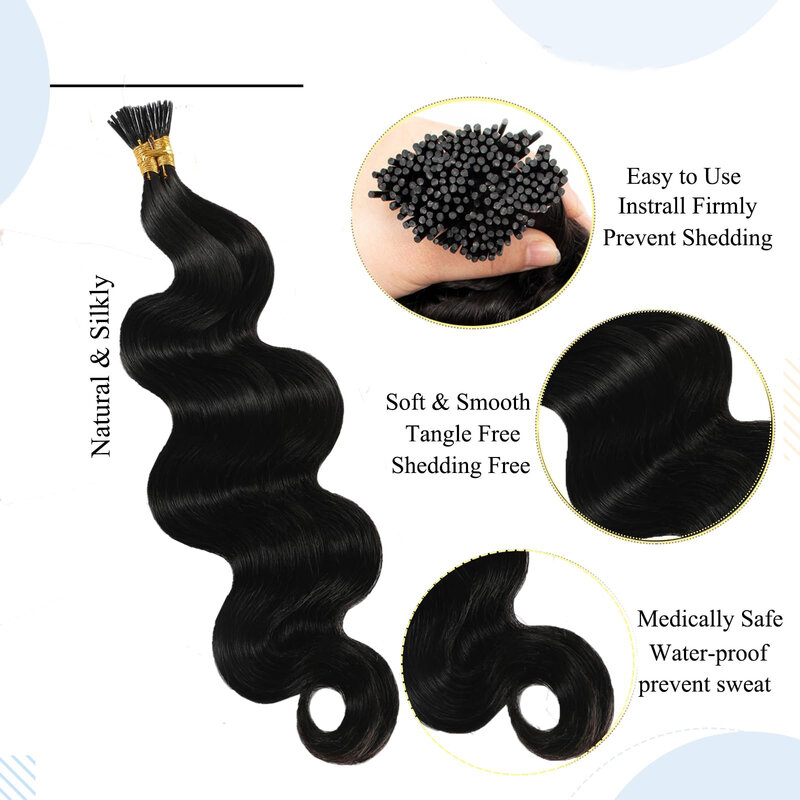 Body Wave I Tip Microlinks przedłużanie włosów 1g/strand # 1B Stick Tip przedłużanie włosów wiązki ludzkich włosów brazylijskie dziewicze włosy hurtowo