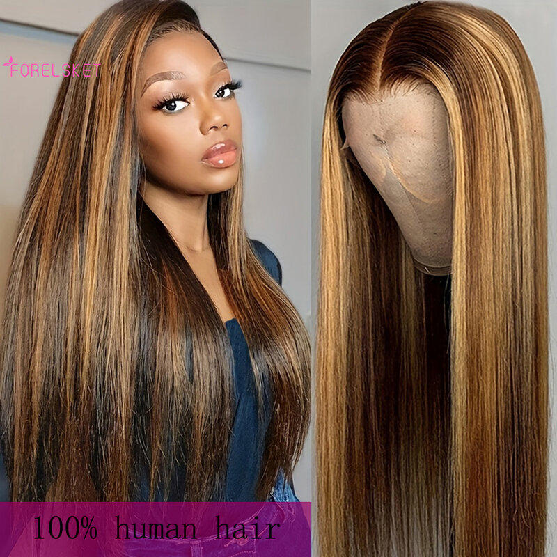 FORELSKETOMbre-Perruque Lace Front Wig naturelle lisse ombrée, blond 4/27, 13x4, pre-plucked, avec baby hair, densité 180%