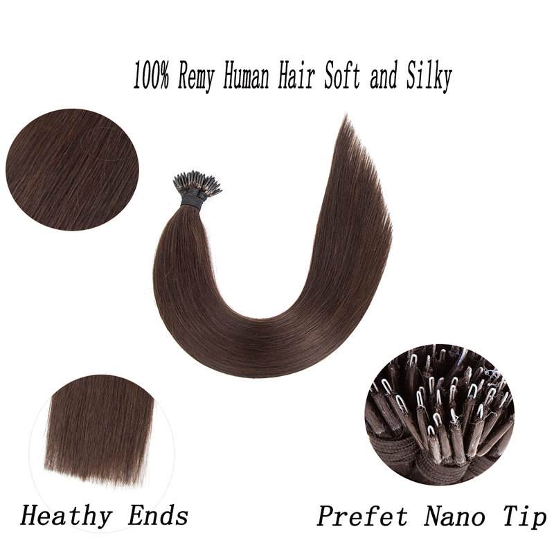 Lovevol Nano Ring Beads 100% doczepiane ludzkie włosy Wstępnie połączone doczepiane włosy z nano końcówką 1G na pasma Brązowy kolor 16" do 24