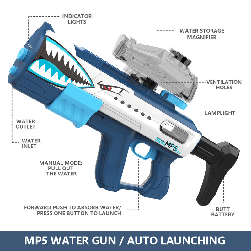 MP5サメ-全自動ウォーターガン,ビーチ,砂のおもちゃ,電気高圧,ライト付き,大容量,屋外おもちゃ