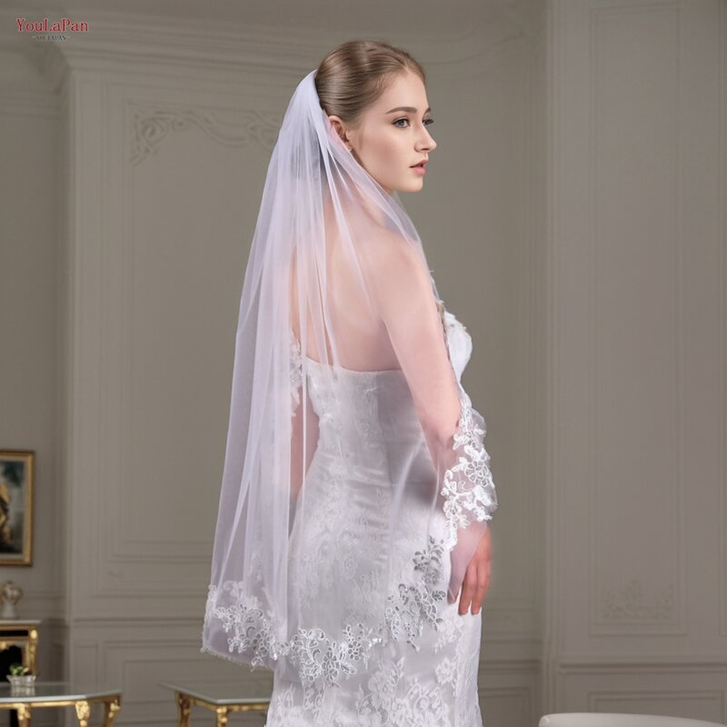 YouLaPan V47 Chapel Length Wedding Veils with Lace Applique Handmade Luxury Women Wedding Veil White/Ivory Long  Bridal Veil