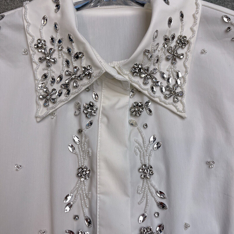 Elegant crystals beads decorated slim fit cotton shirt