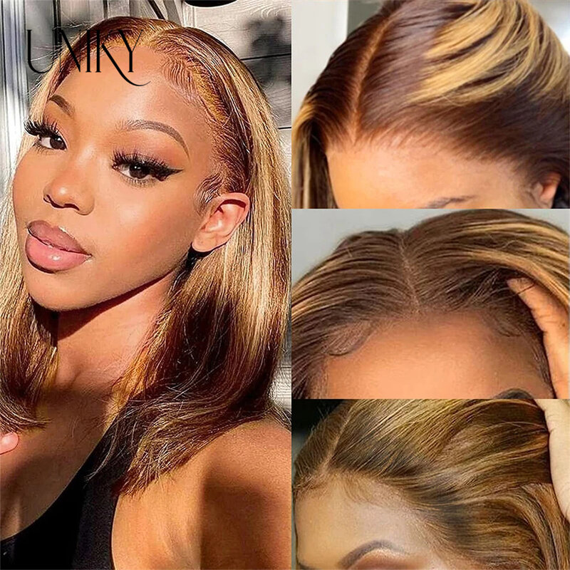 Bone Straight Short Bob Wig Highlighted HD Transparent Lace Frontal Human Hair Wigs For Women Honey Blonde Ombre Glueless Wig