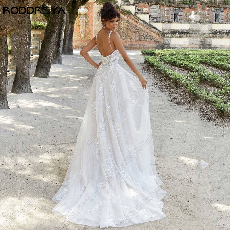 Suknia ślubna RODDRSYA a-line koronki z kryształkami aplikacje suknie ślubne dla panny młodej tiul Sweep Train romantyczne Vestidos De Novia Playa
