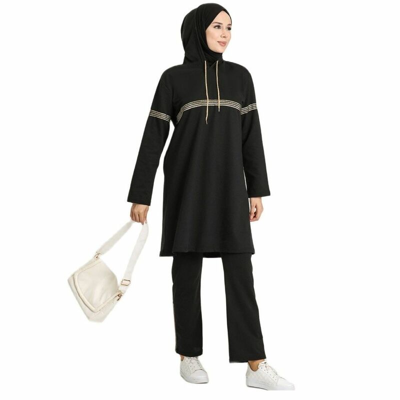 Set Pakaian Olahraga Wanita Bertudung Tali Detail Tidak Bergaris Lengan Panjang Musim Panas Musiman Wanita Pakaian Hijab Fashion Muslim Bergaya