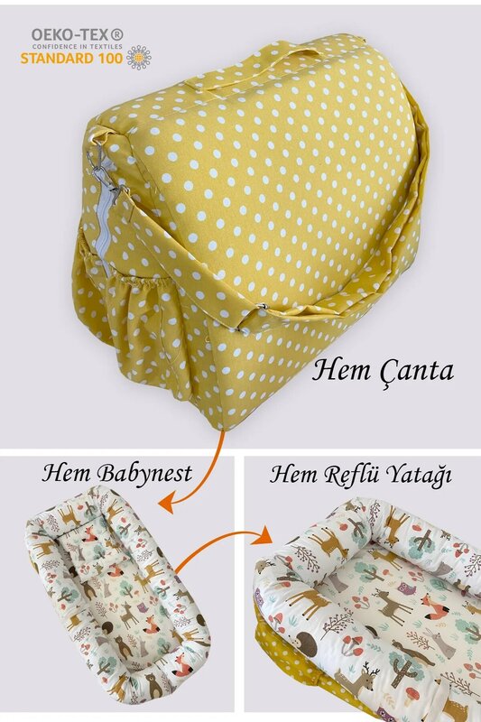Łóżko refluksowe 3 n1, najmniejsze, torba dla matki żółta kropka leśnym wzorem Lux gniazdo dla niemowląt