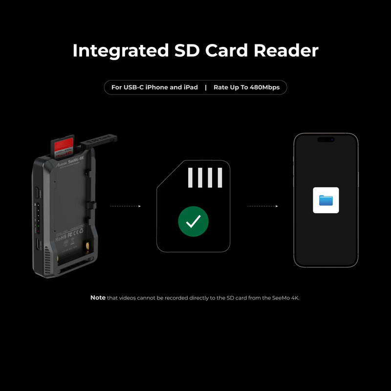 Кардридер Accsoon Seemo 4K для SD-карт, устройство для чтения SD-карт, iPhone, ipad, записи H.264, совместное использование видео в реальном времени, захват HDMI на монитор IOS
